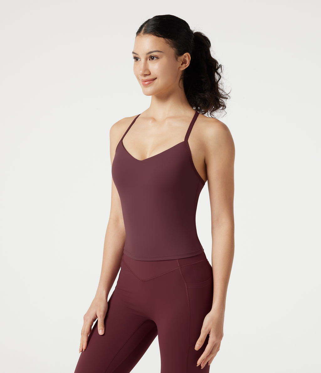 Plush V-neck Y-Back Built-in Bra Yoga Cami Top — Red Mahogany — view 3
