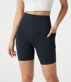 High Waisted Anti-Roll Tummy Control Shaping Workout Biker Shorts 7'' with Pockets — Carbon — view 4