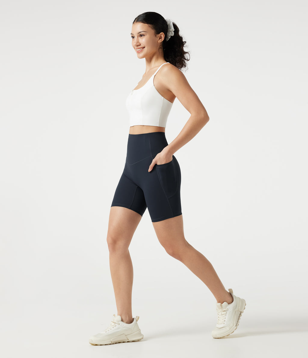 High Waisted Anti-Roll Tummy Control Shaping Workout Biker Shorts 7'' with Pockets — Carbon — view 8