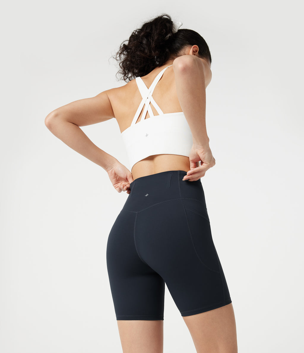 High Waisted Anti-Roll Tummy Control Shaping Workout Biker Shorts 7'' with Pockets — Carbon — view 7