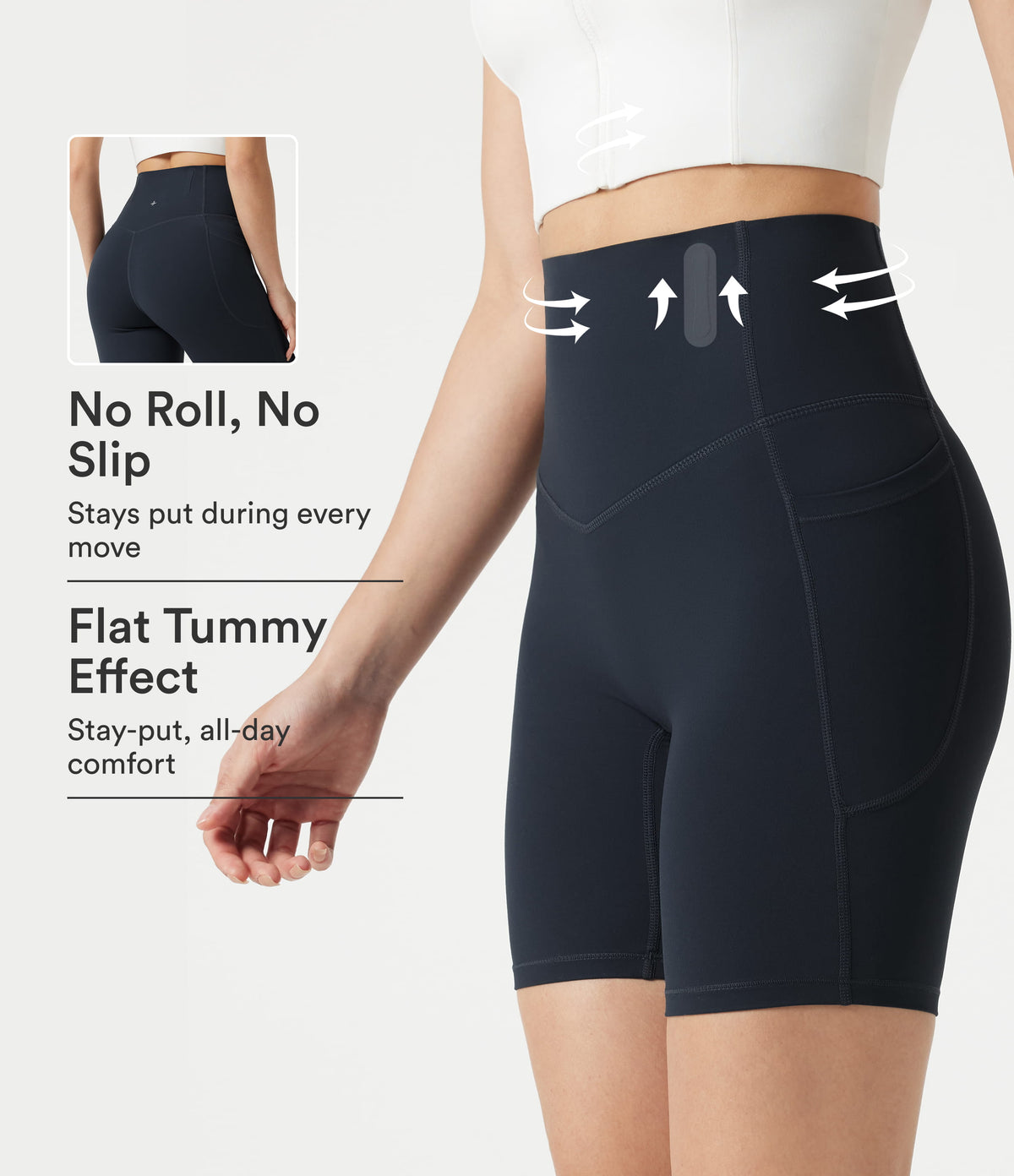 High Waisted Anti-Roll Tummy Control Shaping Workout Biker Shorts 7'' with Pockets — Carbon — view 1