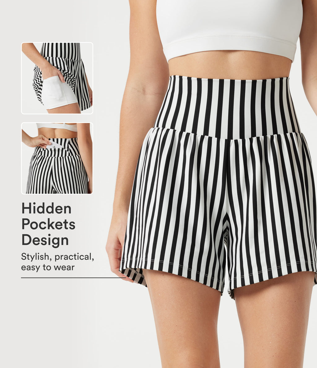 Ultra High-Waist Stripes 2-in-1 Yoga Baggy Shorts with Pockets — Ivory Noir — view 1