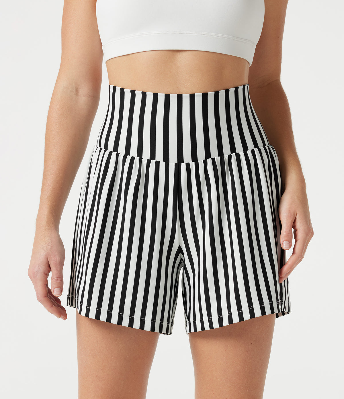 Ultra High-Waist Stripes 2-in-1 Yoga Baggy Shorts with Pockets — Ivory Noir — view 7