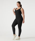 V-neck Crossover Backless Tummy Control Butt Lifting Built-in Bra Workout Plus Size Jumpsuit with Pockets — Black — view 2
