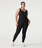 V-neck Crossover Backless Tummy Control Butt Lifting Built-in Bra Workout Plus Size Jumpsuit with Pockets — Black — view 3