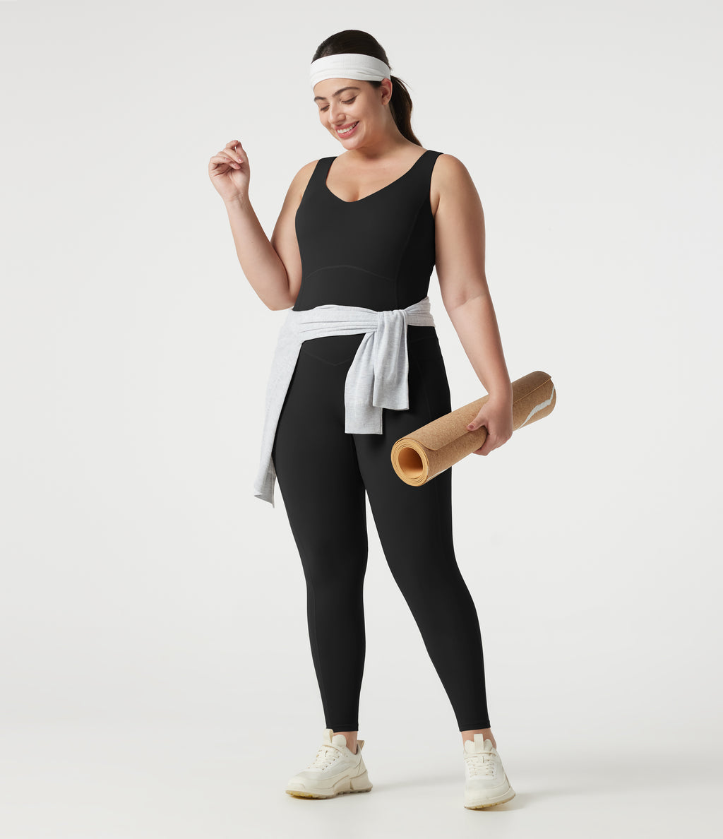 V-neck Crossover Backless Tummy Control Butt Lifting Built-in Bra Workout Plus Size Jumpsuit with Pockets — Black — view 7