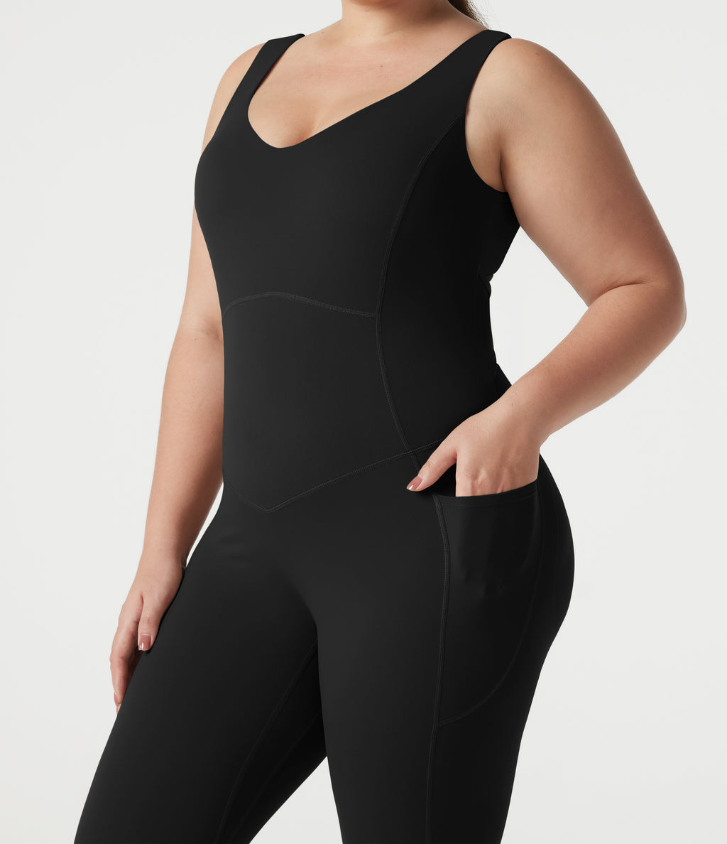 V-neck Crossover Backless Tummy Control Butt Lifting Built-in Bra Workout Plus Size Jumpsuit with Pockets — Black — view 5