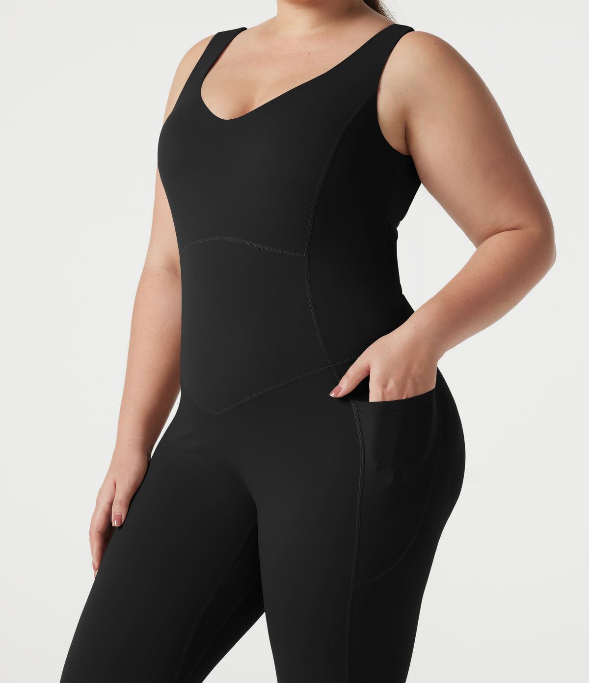 V-neck Crossover Backless Tummy Control Butt Lifting Built-in Bra Workout Plus Size Jumpsuit with Pockets — Black — view 5