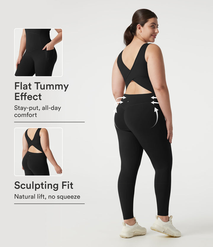 V-neck Crossover Backless Tummy Control Butt Lifting Built-in Bra Workout Plus Size Jumpsuit with Pockets — Black — view 1