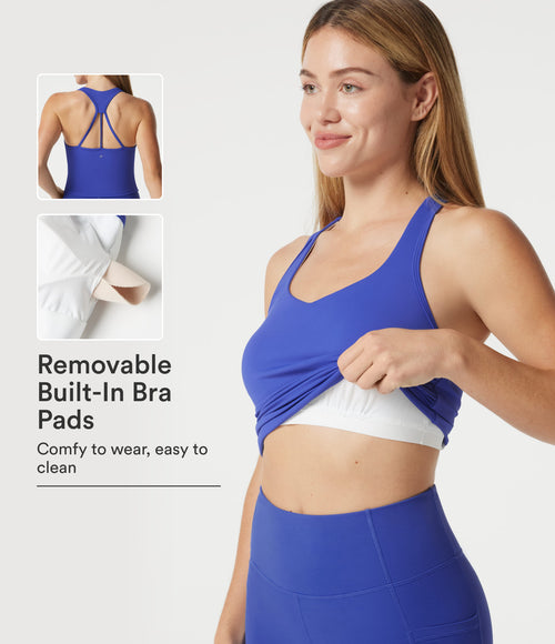 Airy Sweetheart Neck Backless Ruched Built-in Bra InstantCool Casual Tank Top — Aster Blue — view 1