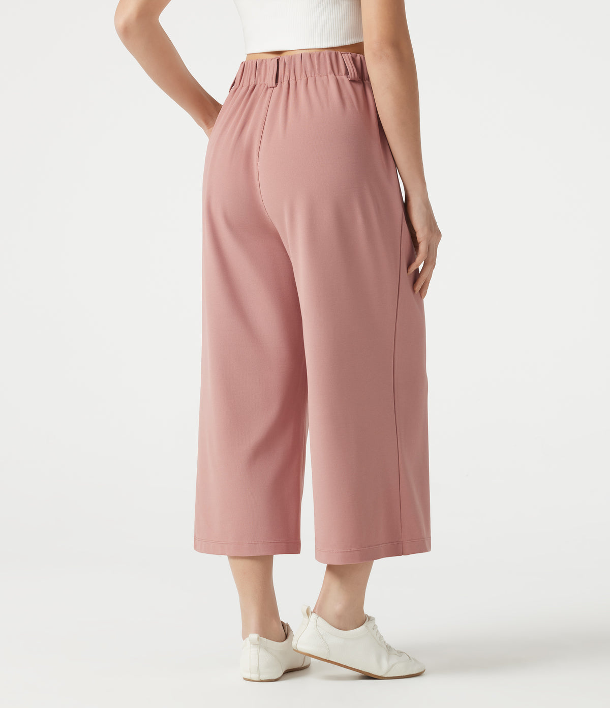 High Waisted Wide Leg Waffle Cropped Work Pants with Pockets — Rose Tan — view 2