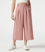 High Waisted Wide Leg Waffle Cropped Work Pants with Pockets — Rose Tan — view 3