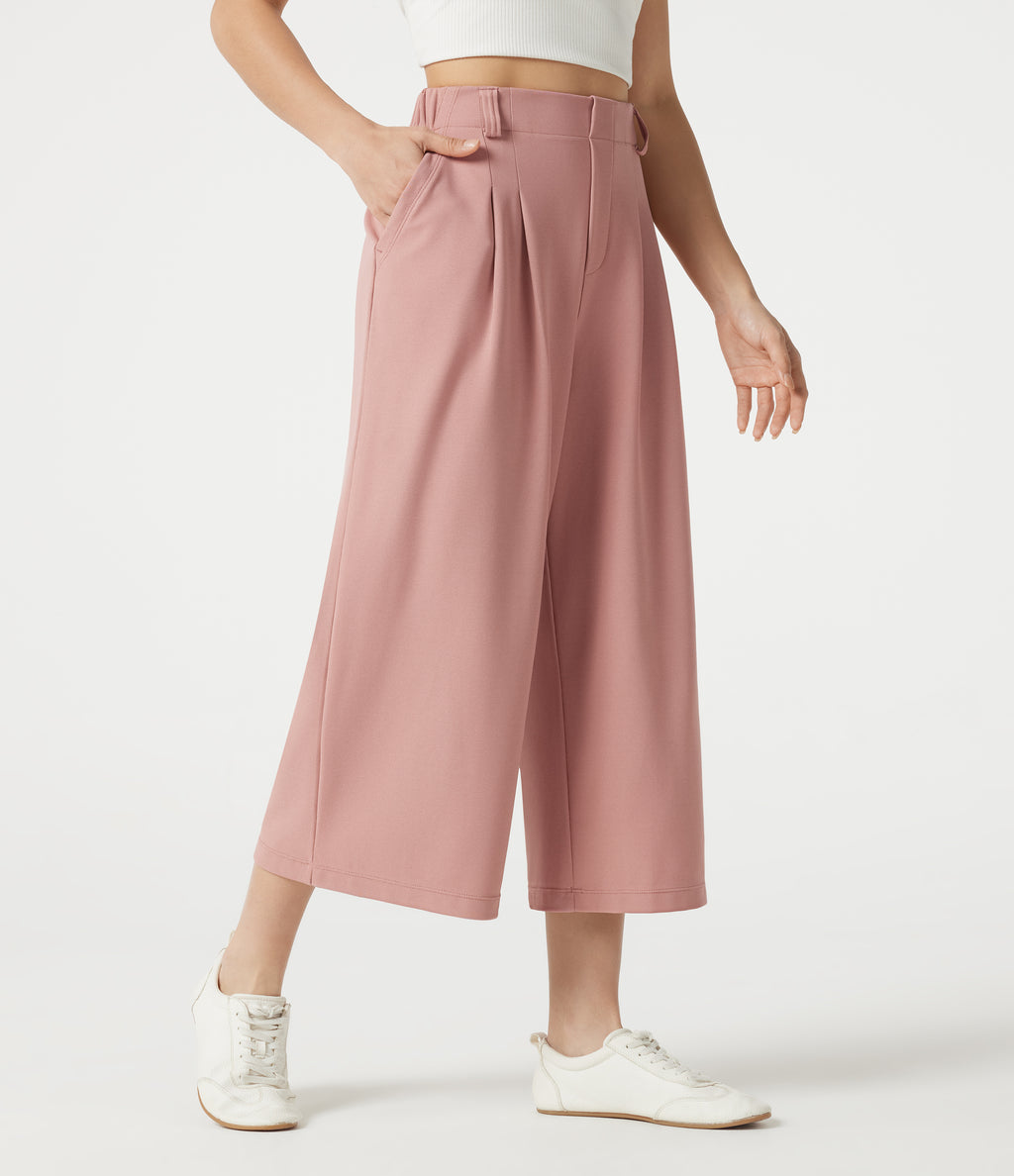 High Waisted Wide Leg Waffle Cropped Work Pants with Pockets — Rose Tan — view 1