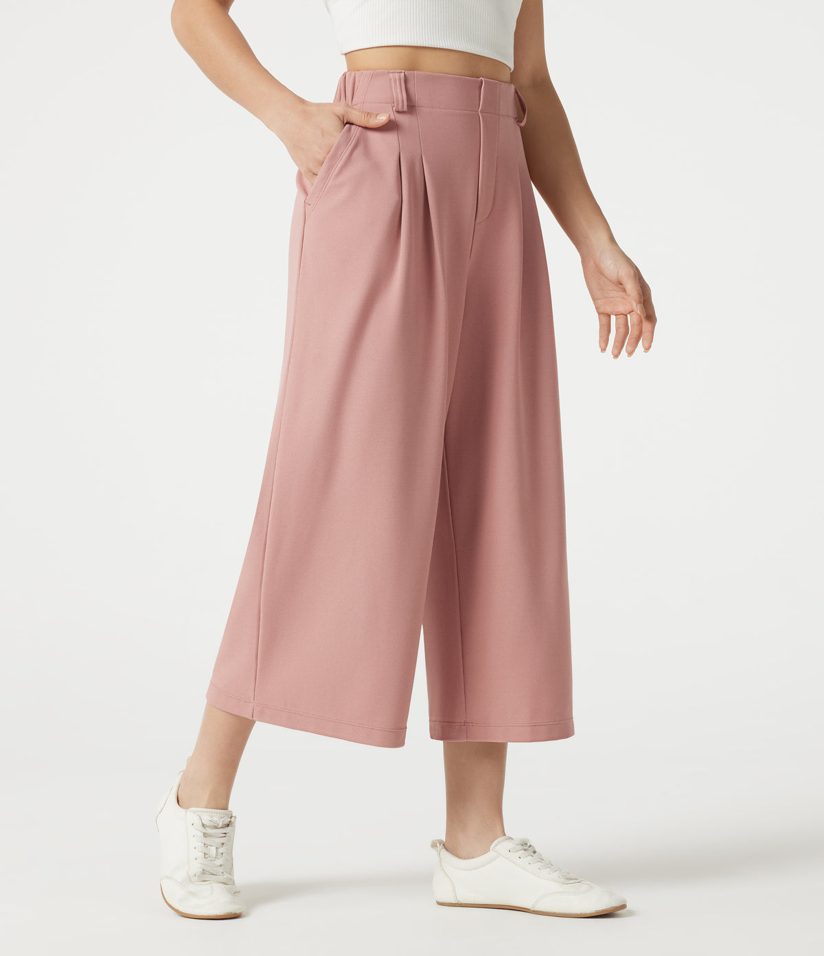 High Waisted Wide Leg Waffle Cropped Work Pants with Pockets — Rose Tan — view 1