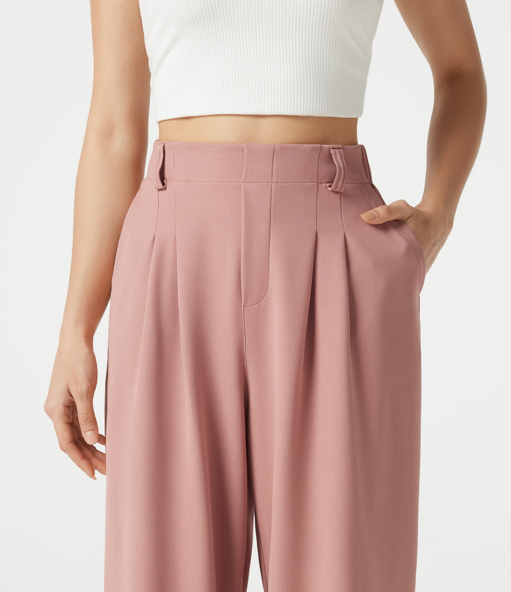 High Waisted Wide Leg Waffle Cropped Work Pants with Pockets — Rose Tan — view 5