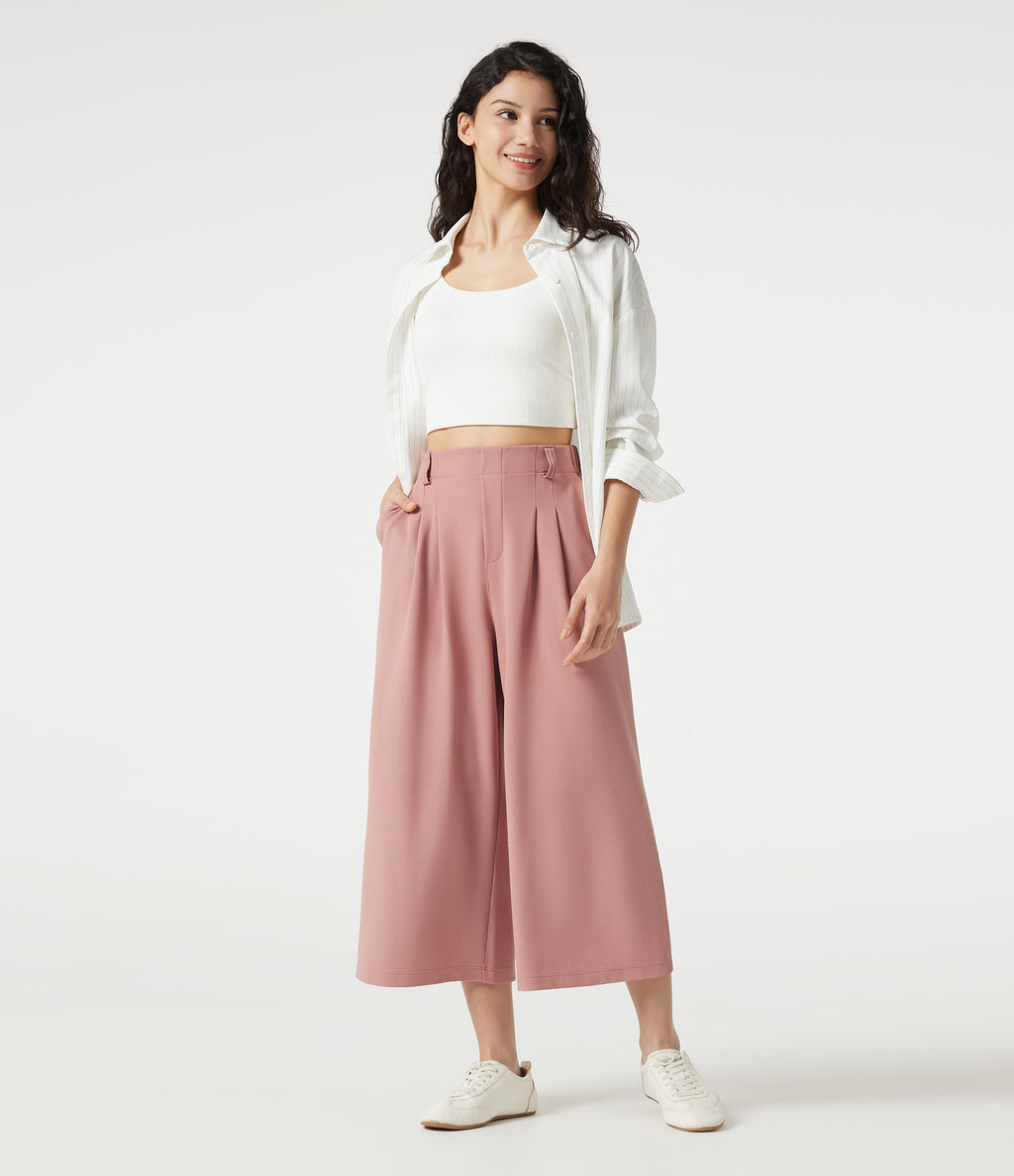High Waisted Wide Leg Waffle Cropped Work Pants with Pockets — Rose Tan — view 8