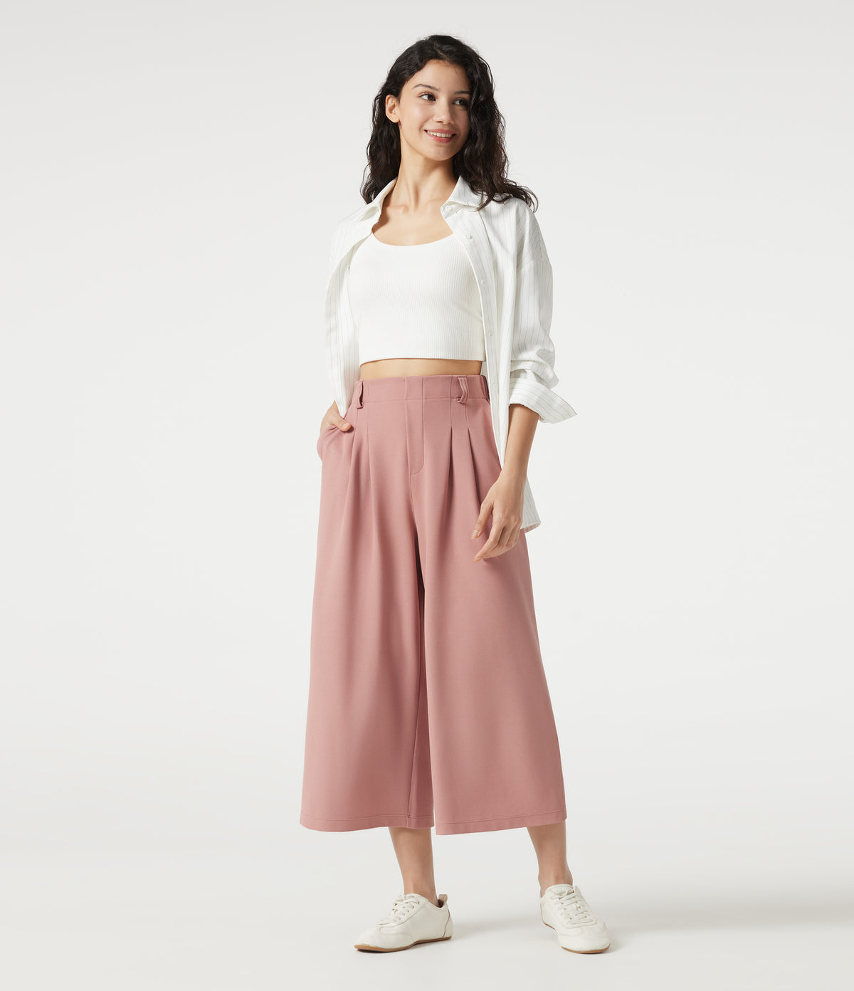 High Waisted Wide Leg Waffle Cropped Work Pants with Pockets — Rose Tan — view 8
