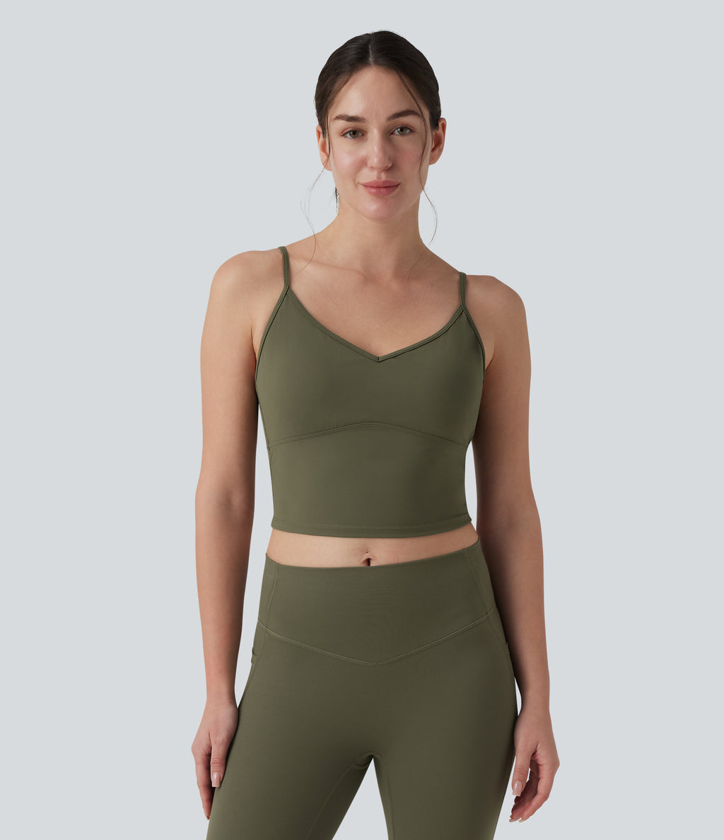 Plush Low Support Crisscross Backless Built-in Bra Workout Sports Bra — Grass Grey Green — view 2