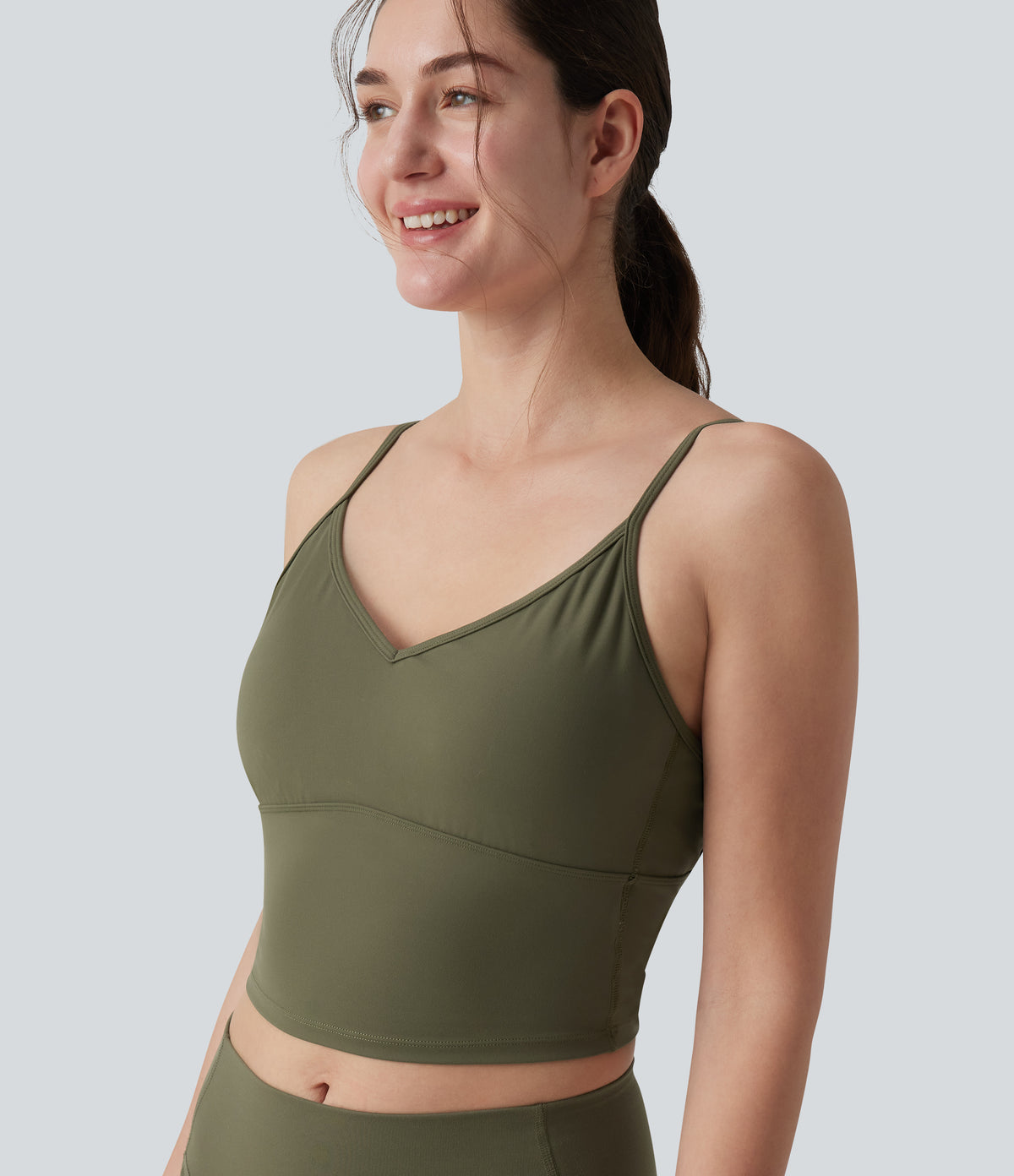Plush Low Support Crisscross Backless Built-in Bra Workout Sports Bra — Grass Grey Green — view 5