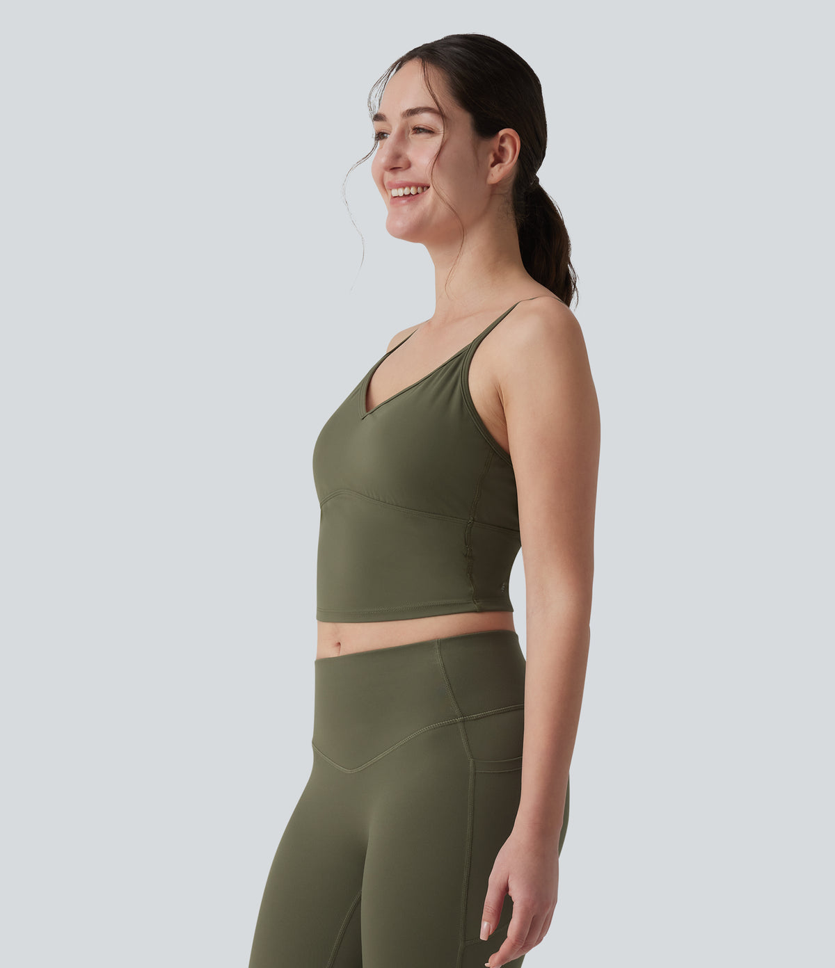Plush Low Support Crisscross Backless Built-in Bra Workout Sports Bra — Grass Grey Green — view 3