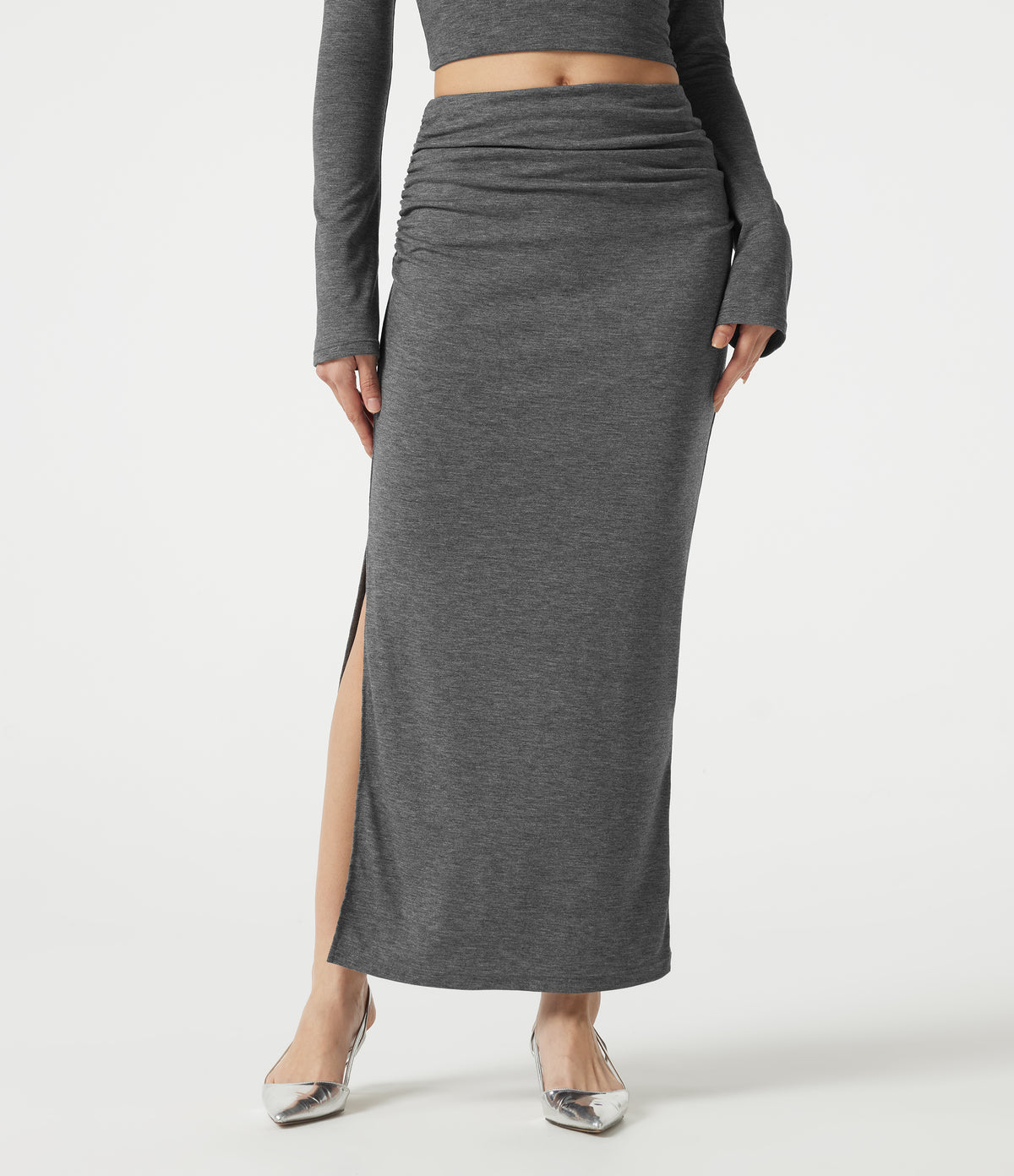 Mid Rise Ruched Bodycon Maxi Skirt — Darl Gray Floral Yarn — view 1