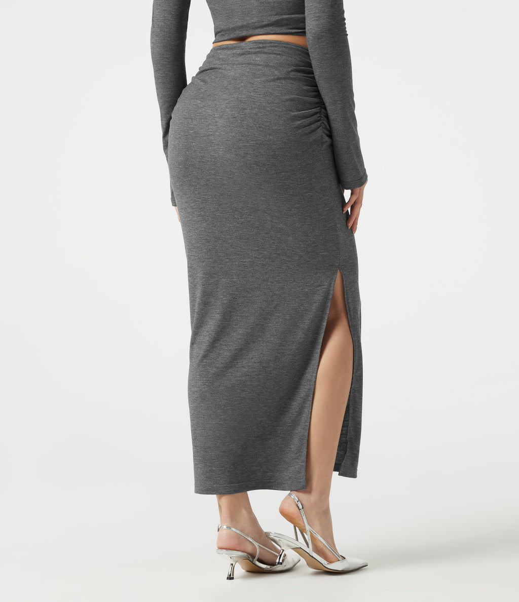 Mid Rise Ruched Bodycon Maxi Skirt — Darl Gray Floral Yarn — view 2