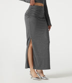 Mid Rise Ruched Bodycon Maxi Skirt — Darl Gray Floral Yarn — view 3