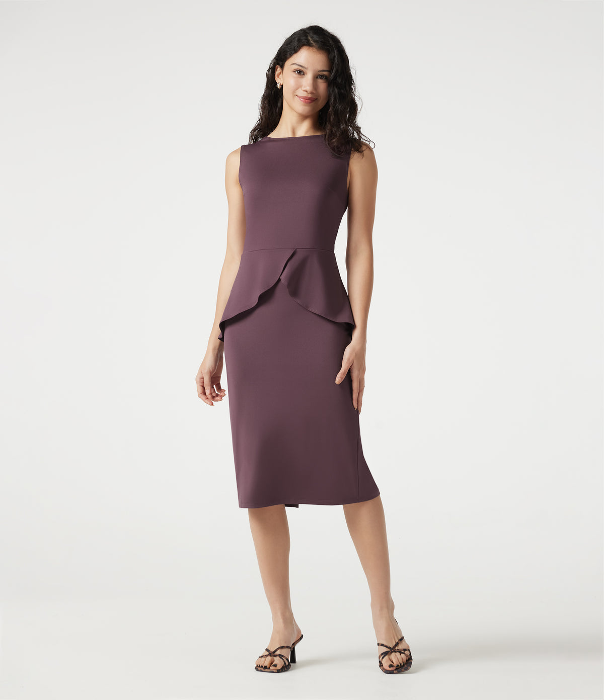 Round Neck Sleeveless Midi Work Dress — Plum Wine — view 2