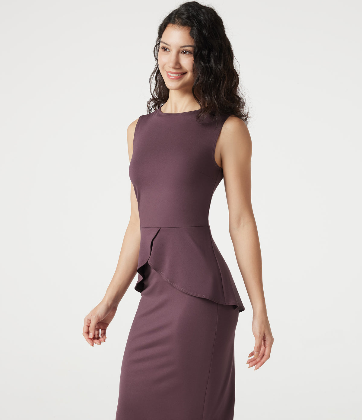 Round Neck Sleeveless Midi Work Dress — Plum Wine — view 4