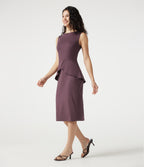 Round Neck Sleeveless Midi Work Dress — Plum Wine — view 3