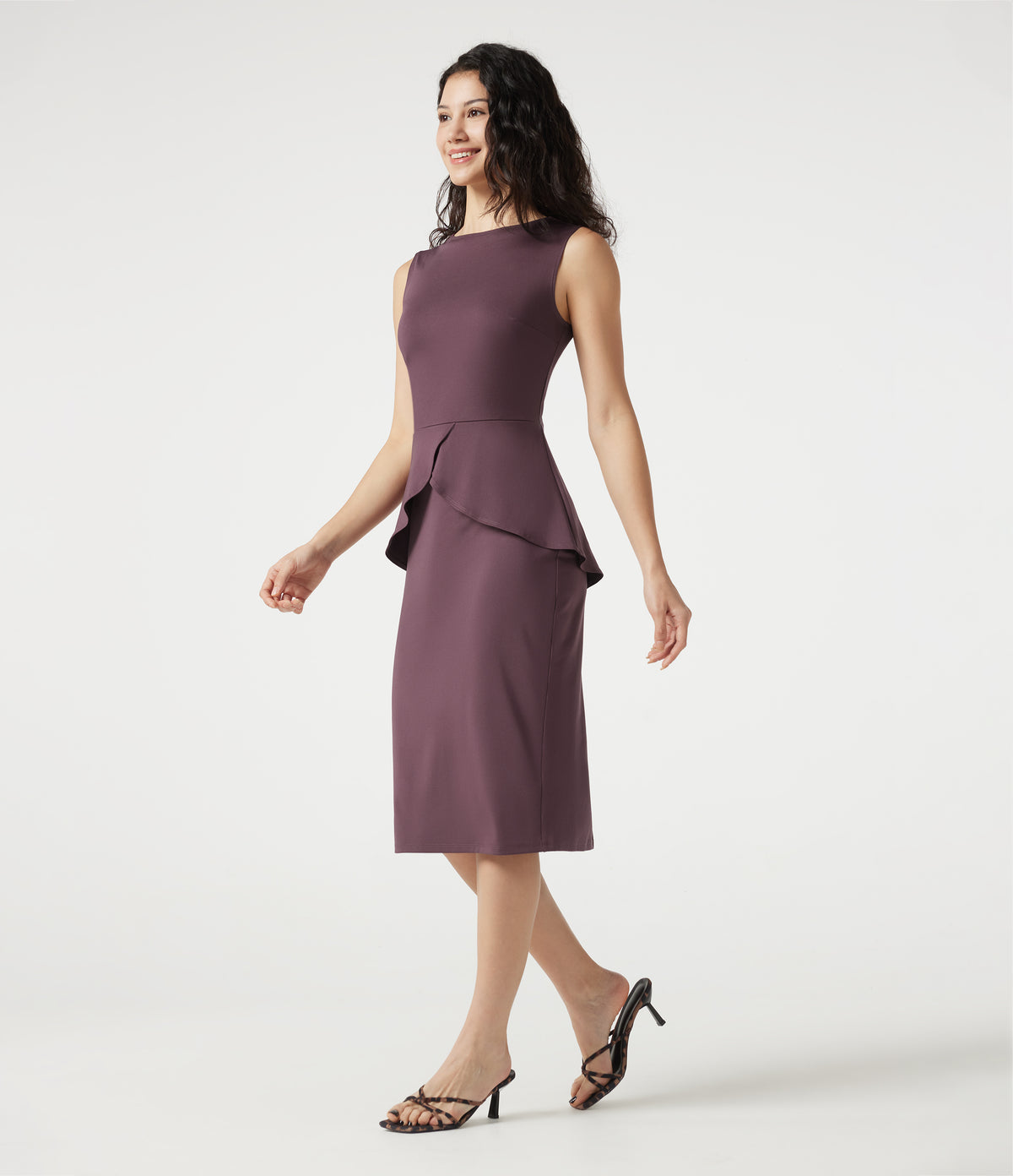 Round Neck Sleeveless Midi Work Dress — Plum Wine — view 3