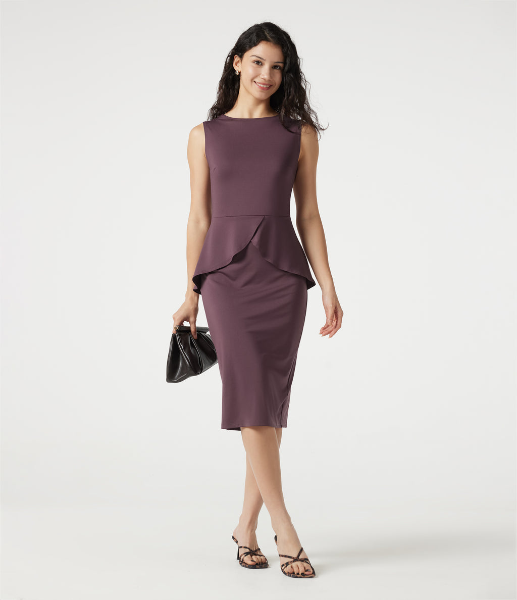 Round Neck Sleeveless Midi Work Dress — Plum Wine — view 7