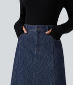 Mid Rise Denim Midi Casual Skirt with Pockets — Zebra Stripe - Medium Dark Blue — view 4