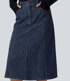 Mid Rise Denim Midi Casual Skirt with Pockets — Zebra Stripe - Medium Dark Blue — view 5