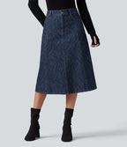 Mid Rise Denim Midi Casual Skirt with Pockets — Zebra Stripe - Medium Dark Blue — view 1