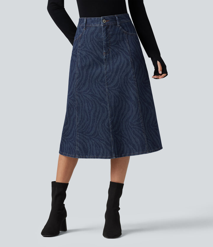 Mid Rise Denim Midi Casual Skirt with Pockets — Zebra Stripe - Medium Dark Blue — view 1