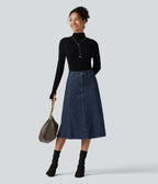 Mid Rise Denim Midi Casual Skirt with Pockets — Zebra Stripe - Medium Dark Blue — view 8