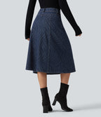 Mid Rise Denim Midi Casual Skirt with Pockets — Zebra Stripe - Medium Dark Blue — view 2