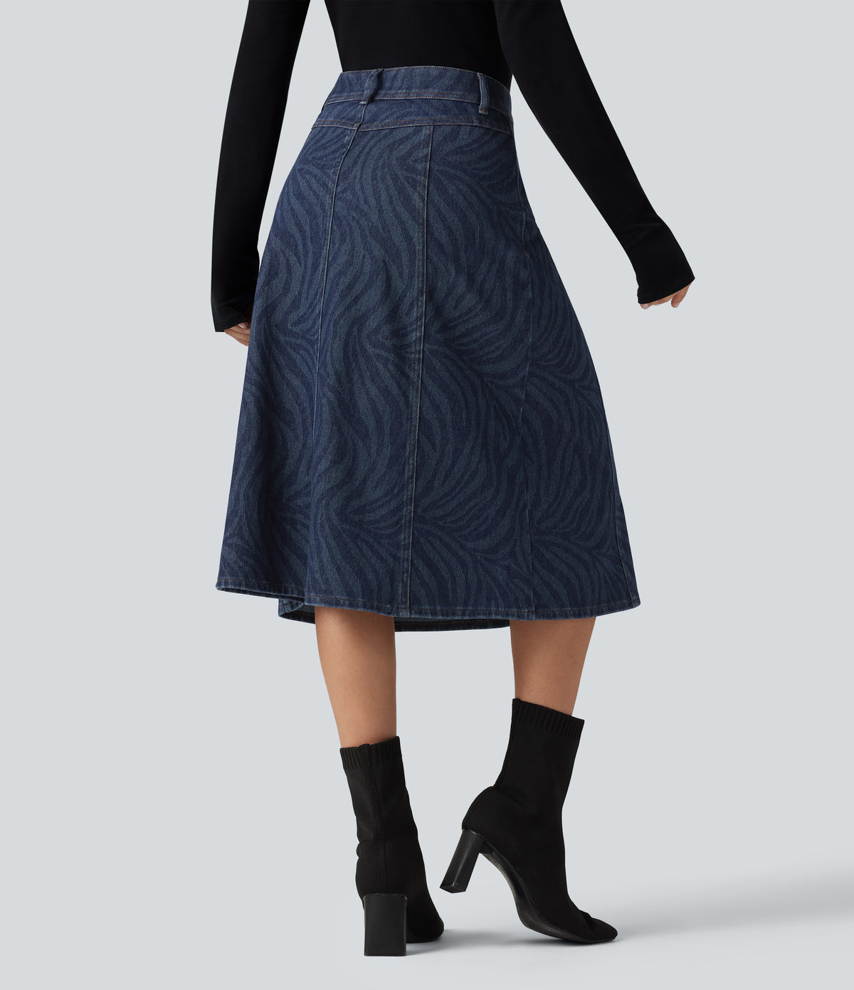 Mid Rise Denim Midi Casual Skirt with Pockets — Zebra Stripe - Medium Dark Blue — view 2