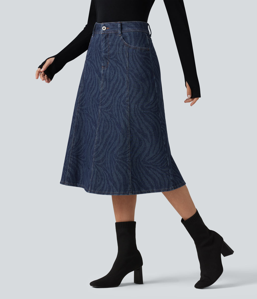 Mid Rise Denim Midi Casual Skirt with Pockets — Zebra Stripe - Medium Dark Blue — view 3