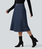Mid Rise Denim Midi Casual Skirt with Pockets — Zebra Stripe - Medium Dark Blue — view 3