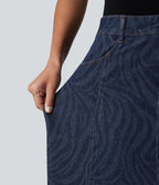 Mid Rise Denim Midi Casual Skirt with Pockets — Zebra Stripe - Medium Dark Blue — view 7
