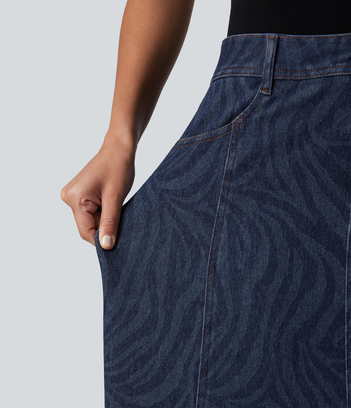 Mid Rise Denim Midi Casual Skirt with Pockets — Zebra Stripe - Medium Dark Blue — view 7