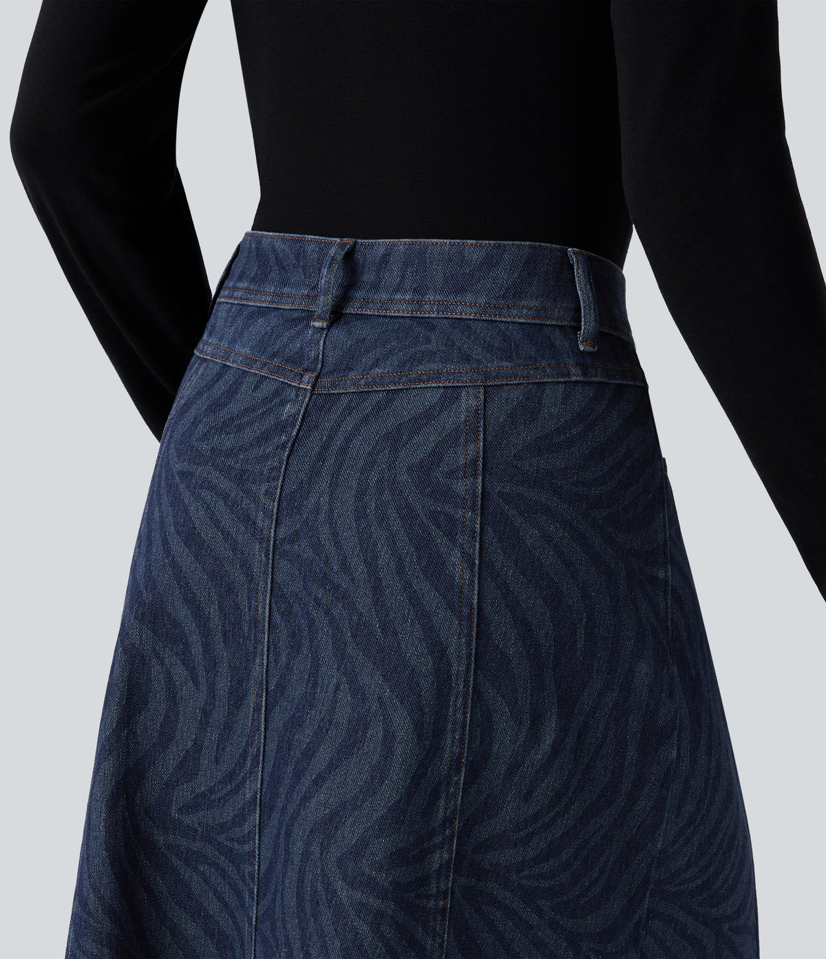 Mid Rise Denim Midi Casual Skirt with Pockets — Zebra Stripe - Medium Dark Blue — view 6