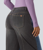 Mid Rise Barrel Leg Color Block Casual Jeans with Pockets — Coronet Blue Denim — view 4