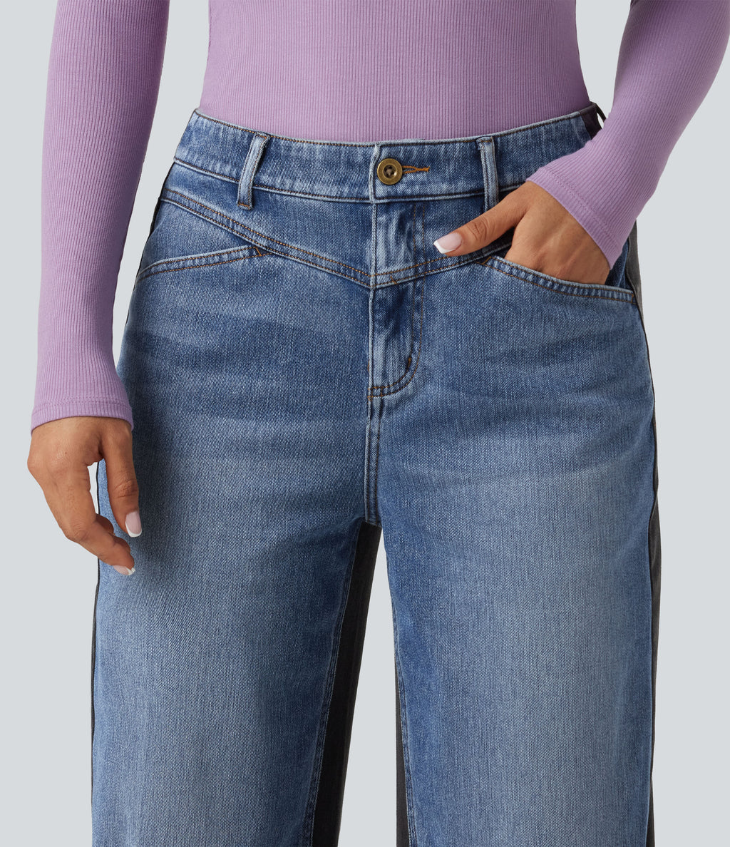 Mid Rise Barrel Leg Color Block Casual Jeans with Pockets — Coronet Blue Denim — view 5