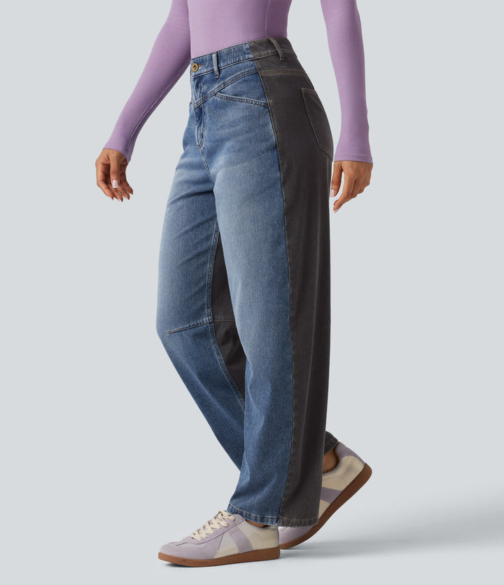 Mid Rise Barrel Leg Color Block Casual Jeans with Pockets — Coronet Blue Denim — view 1