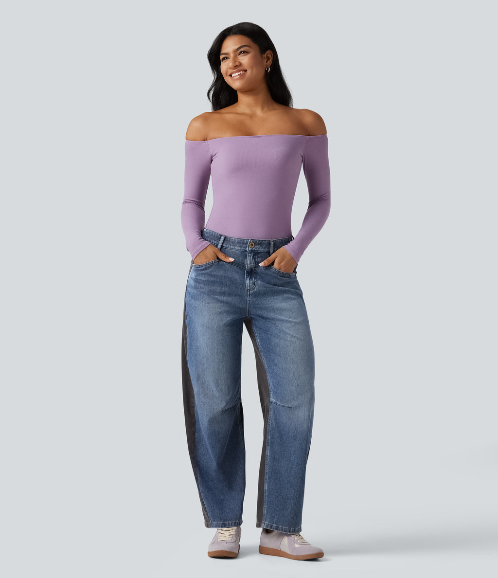 Mid Rise Barrel Leg Color Block Casual Jeans with Pockets — Coronet Blue Denim — view 8