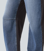 Mid Rise Barrel Leg Color Block Casual Jeans with Pockets — Coronet Blue Denim — view 6