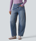 Mid Rise Barrel Leg Color Block Casual Jeans with Pockets — Coronet Blue Denim — view 3